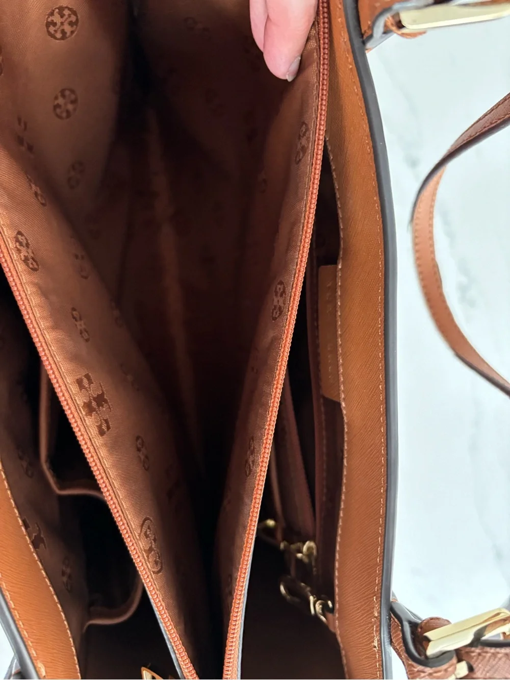 Tory Burch Saffiano Leather Tote in Cognac with Gold Logo